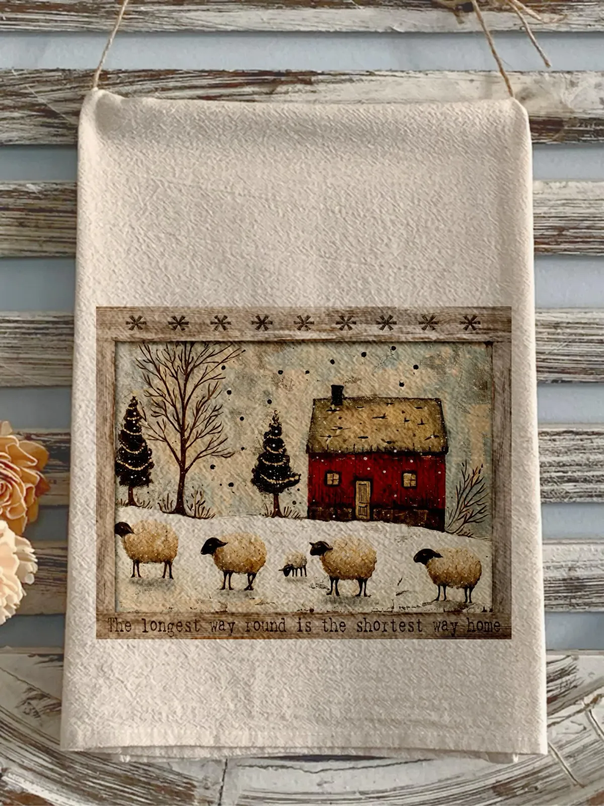 Christmas flour sack towel christmas sheep primitive barn