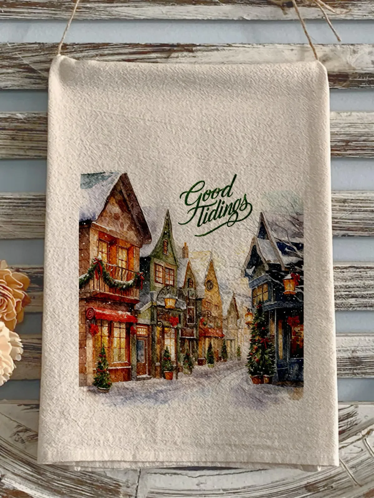 Christmas flour sack towel Christmas street good tidings old time