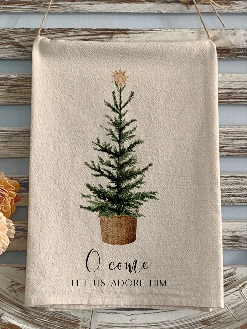 Christmas flour sack towel Vintage Christmas tree O Come let us adore