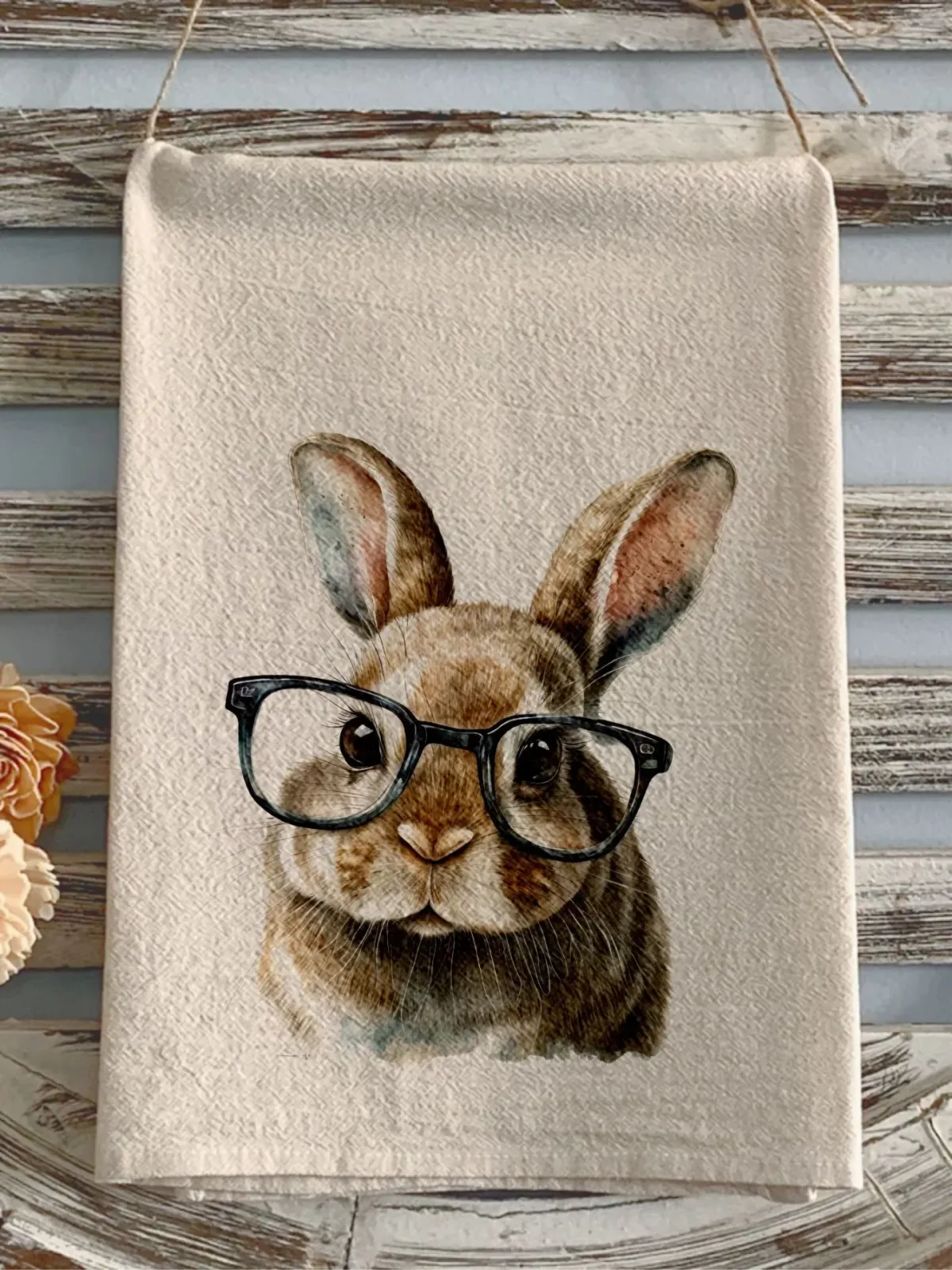 Flour sack towel Easter Bunny Rabbit Happy Easter bunny glasses