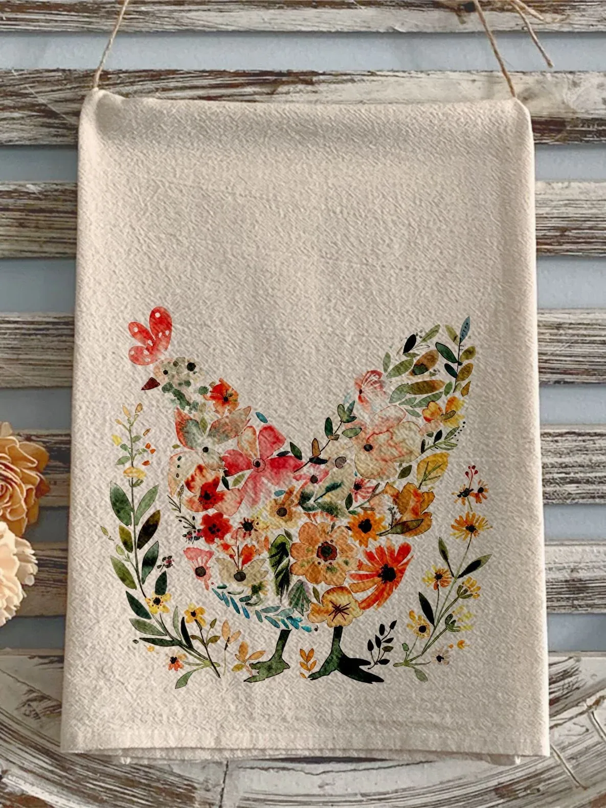 Flour sack towel spring rooster floral chicken towel